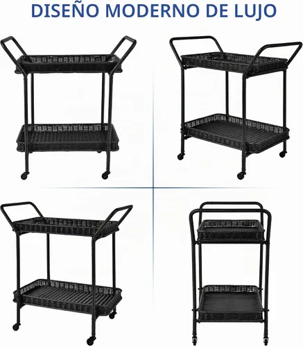 Vista 6 de Jeco Carrito de mimbre para patio en negro