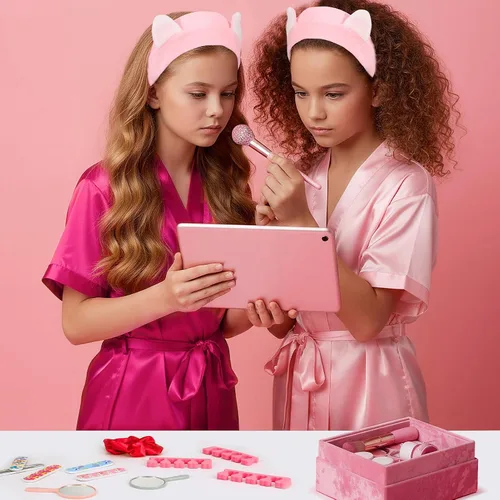 Vista 2 de 122 piezas Kit de fiesta de spa rosa y rosa intenso para niñas, paquete de 10 recuerdos de fiesta de pijamas con batas de satén, bolsas de mano