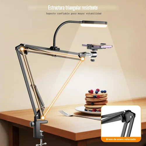 Vista 8 de Soporte de cámara superior con anillo de luz, brazo flexible articulado para teléfono compatible con iPhone, webcam Logitech, trípode de escritorio