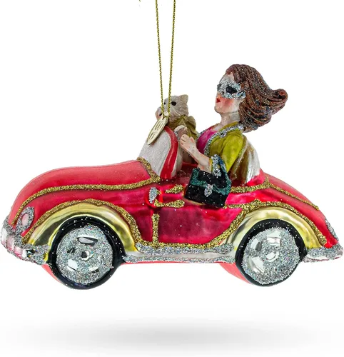 Vista 3 de Elegante Mujer Conducción Rosa Cabriolet Soplado Vidrio Adorno De Navidad
