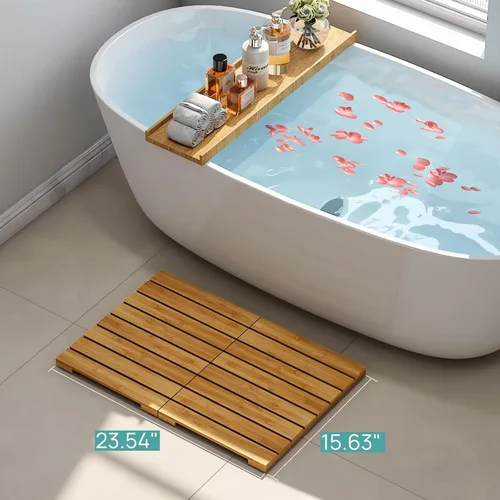 Vista 2 de Tapete de baño de bambú impermeable para ducha, tapete de madera para baño, plegable, antideslizante, resistente, tapete de ducha para interiores