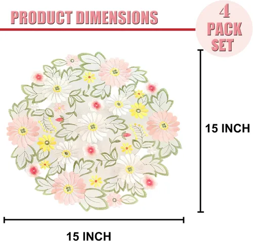 Vista 2 de LeLehome Juego de 4 manteles individuales redondos bordados con margaritas de primavera, 15 pulgadas, decoración de mesa para el hogar, cocina