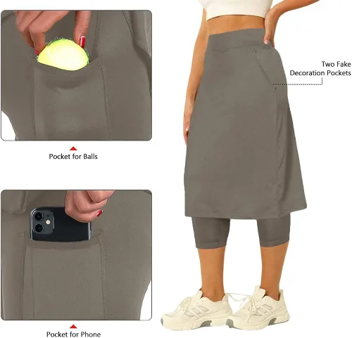 Vista 3 de Aurgelmir Falda de tenis para mujer con leggings capri para golf, longitud hasta la rodilla, faldas largas atléticas para mujer con bolsillos