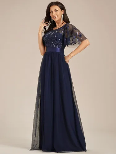 Vista 3 de Ever-Pretty Vestido de fiesta de noche con cuello redondo y mangas con volantes y lentejuelas bordadas para mujer 0904-USA