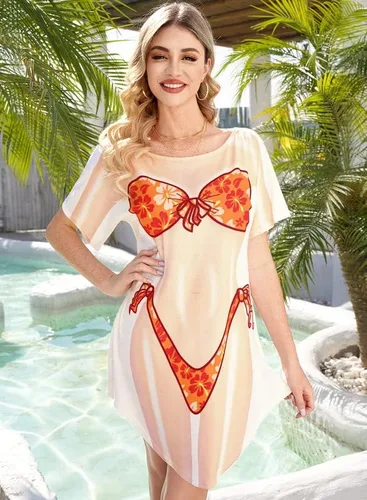 Vista 7 de Spadehill Traje de baño holgado de manga corta con estampado de bikini para mujer