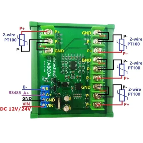 Vista 5 de PTA8C04 4-Channel PT100 RTD Temperature Sensor Module, DC 12V/24V, Modbus RTU RS485 Data Collector, -40 to 500 Degrees Celsius for Industrial