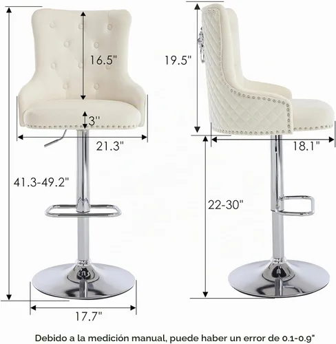 Vista 2 de Juego de 2 taburetes de bar de terciopelo beige con respaldo tuftado alto, anillo de tracción de león, reposapiés de base cromada para isla