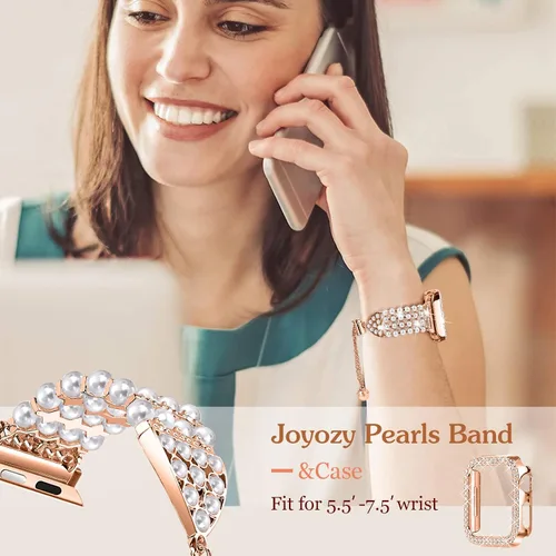 Vista 5 de Joyozy Pulsera de perlas brillantes de 1.772 pulgadas y funda compatible con Apple Watch series 9, 8, 7, para mujer, con diamantes brillantes
