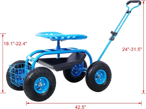 Vista 7 de Patinete con ruedas para carrito de jardín, cuenta con mango de dirección extensible, asiento giratorio y bandeja de herramientas (Azul)
