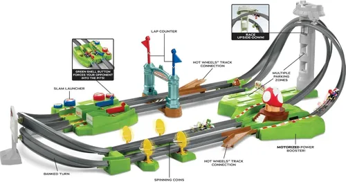 Vista 5 de Hot Wheels Mario Kart Circuit Juego de pistas y 2 vehículos de juguete, juego de carreras incluye Booster, más karts de Mario y Yoshi