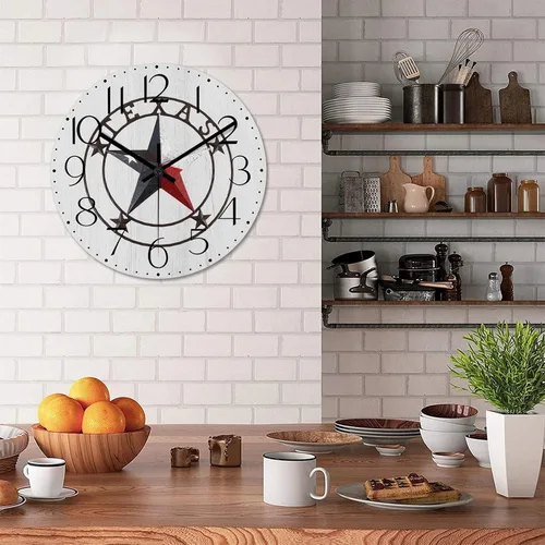 Vista 4 de Reloj de pared redondo estilo clásico con estrella de Texas occidental, reloj de madera, silencioso, sin tictac, funciona con pilas, fácil de leer