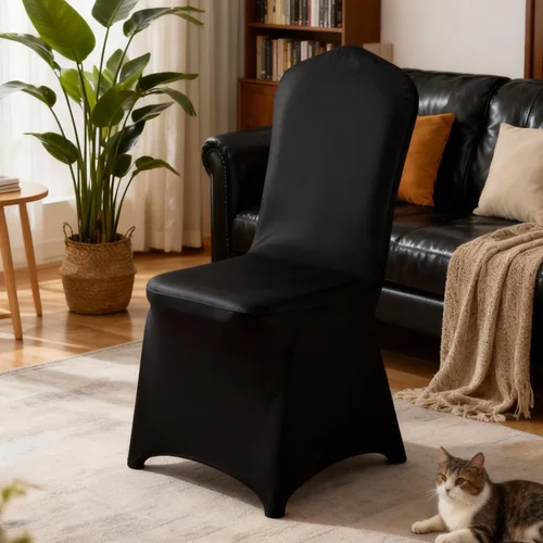 Vista 6 de Yahpetes 2 fundas para silla, de poliéster negro, fundas para sillas de banquete, parte delantera plana, elásticas, de elastano, para bodas