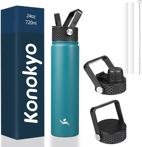 Vista 118 de Konokyo - Botella de agua aislada de 18 onzas, botellas deportivas de acero inoxidable con 3 tapas, verde militar