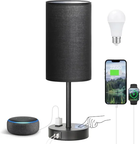 Vista 32 de Fenmzee Juego de lámparas de mesa pequeñas táctiles regulables de 2 a 3 vías, carga USB A + C, salida de CA, base de grano de madera, bombillas