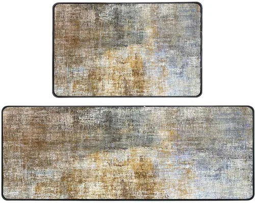 Vista 24 de TOMWISH Juego de 2 alfombras negras para pasillo de cocina, dorado y blanco, antideslizante, acolchado, comodidad vintage, 17 x 48 pulgadas + 17 x