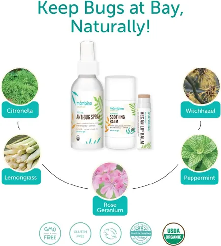 Vista 2 de Mambino Organics Juego para exteriores, spray antiinsectos sin DEET, bálsamo relajante, bálsamo labial vegano, ingredientes orgánicos, sin pruebas