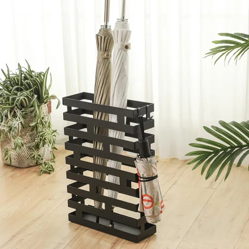 Vista 4 de Tudomro Soportes de paraguas para entrada, soporte de paraguas de metal grande de 3.94 x 11.81 x 16.93 pulgadas con bandeja de agua extraíble y Negro