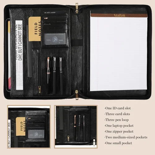 Vista 2 de Cartera de cuero genuino, organizador de padfolio de 11 x 14 pulgadas con cremallera, cartera profesional de negocios para hombres y mujeres