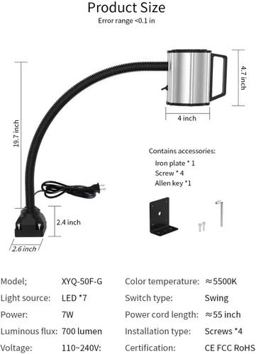 Vista 6 de Luz de Escritorio de Trabajo, Luz de Trabajo para Máquina, Luz LED Flexible de Cuello de Cisne 700 Lúmenes IP66 Resistente al Agua y al Polvo