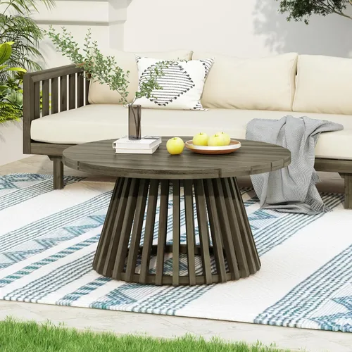 Vista 2 de Merax - Mesa de café redonda de madera de acacia para patio al aire libre, para jardín, balcón, acabado gris