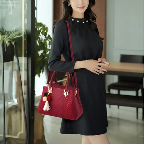 Vista 2 de Bolso de mano de cuero para mujer, bolso de hombro con asa superior, con pompón y borla
