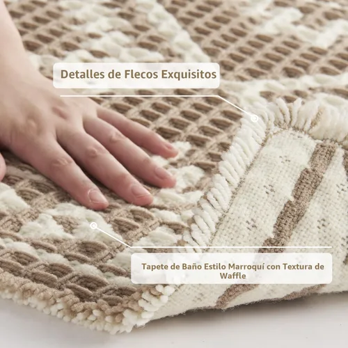 Vista 4 de PADOOR -Tapete de baño de punto gofre, súper absorbente, lavable a máquina, antideslizante, con borlas, tapete de baño suave para lavandería, Marrón