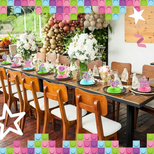 Vista 6 de Colarr 9 piezas de suministros para fiesta de cumpleaños de bloques de construcción, juegos de decoración de bloques de construcción, centros
