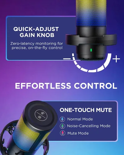 Vista 6 de InnoGear - Micrófono USB para juegos, micrófono condensador con cancelación de ruido, silencio, ganancia, indicador RGB, soporte de brazo de boom