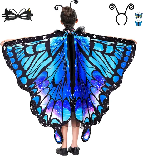 Vista 2 de Tibeha ButterflyWingsforWomen Kids - Double-SidedPrintingCostumeHalloweenGirls CapewithMaskandAntennaHeadband