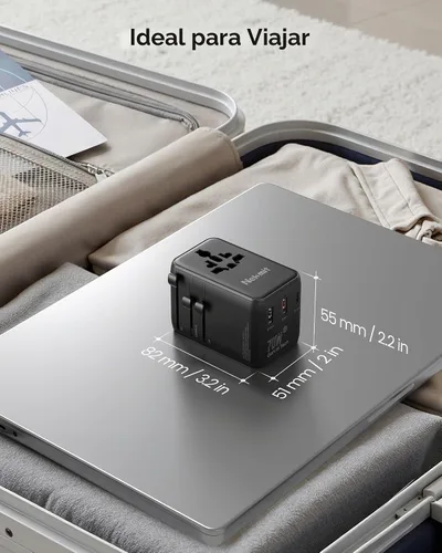 Vista 6 de Adaptador de viaje universal de 70 W, adaptador de corriente internacional Nekmit con cable de carga rápida USB C retráctil, enchufe de viaje de 6
