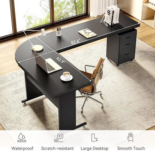 Vista 6 de LITTLE TREE Escritorio ejecutivo grande de 82.67 pulgadas de largo en forma de L para computadora con archivador móvil de 3 cajones, mueble