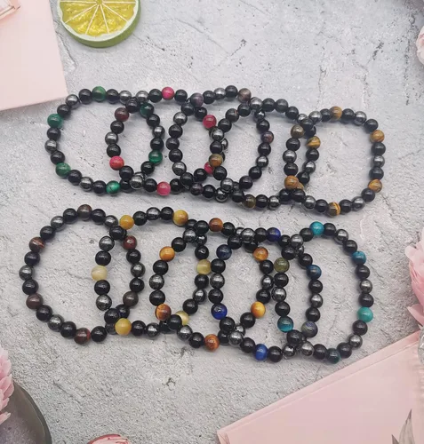 Vista 7 de FINZOR 10 pulseras de triple protección de hematita obsidiana negra ojo de tigre pulseras de cuentas para hombres y mujeres alivio del estrés
