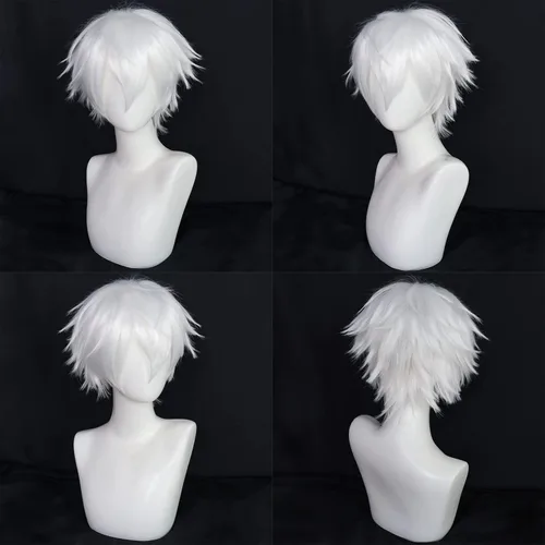 Vista 6 de Anogol Gorro de pelo + peluca corta blanca para hombres, peluca blanca para cosplay, peluca blanca corta para Halloween, evento de Navidad, fiesta