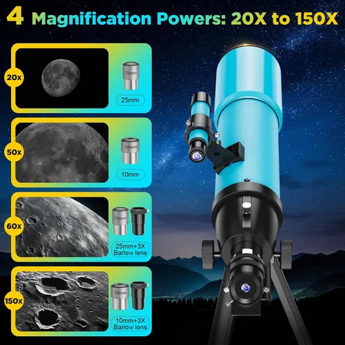 Vista 3 de Telescopio refractor de 3.543 in para adultos y niños: alcance 150X con Cian