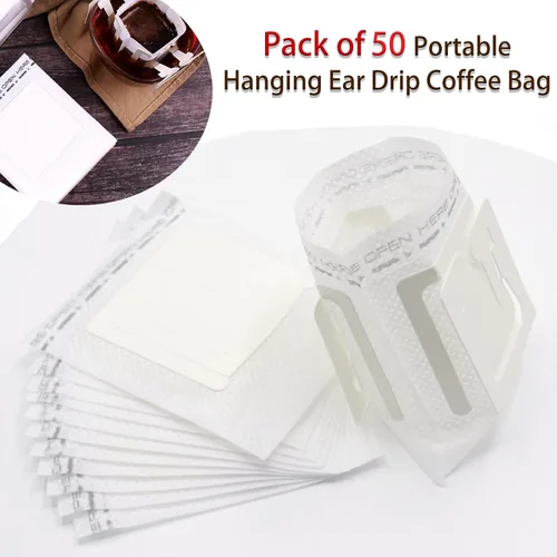 Vista 5 de Paquete de 50 bolsas de café portátiles para colgar en las orejas, bolsa de papel desechable de filtro de café de una sola porción para viajes