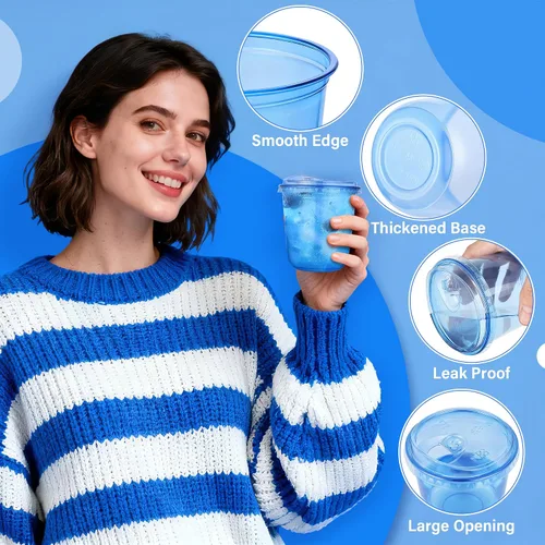 Vista 4 de KesaPlan Paquete de 50 vasos de plástico azul de 12 onzas con tapas para sorber, vasos de vino desechables sin popote para café helado, cócteles