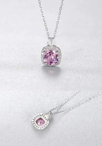 Vista 2 de Anillo de plata de ley 925 con circonita cúbica y halo de morganita simulada para mujer, circonita cúbica, corte cuadrado, piedra preciosa rosa nano
