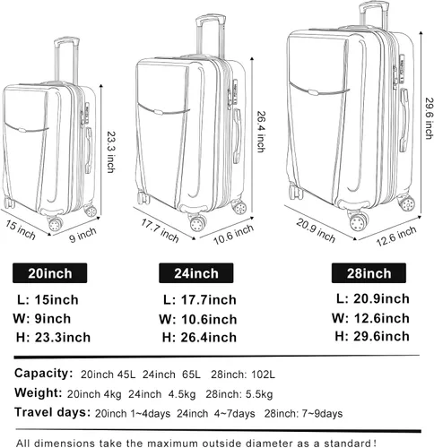Vista 7 de Feyabul 828 - Equipaje de mano rígido con ruedas giratorias, maleta ligera con cerradura TSA, Negro, 20in&24in&28in(3 Piece Luggage Sets)