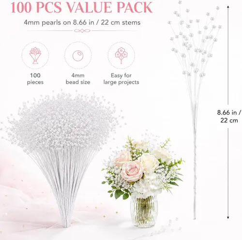 Vista 9 de ULTNICE 100 perlas blancas para manualidades, cuerda de perlas artificiales falsas, palitos decorativos para ramo de flores, centro de mesa de boda