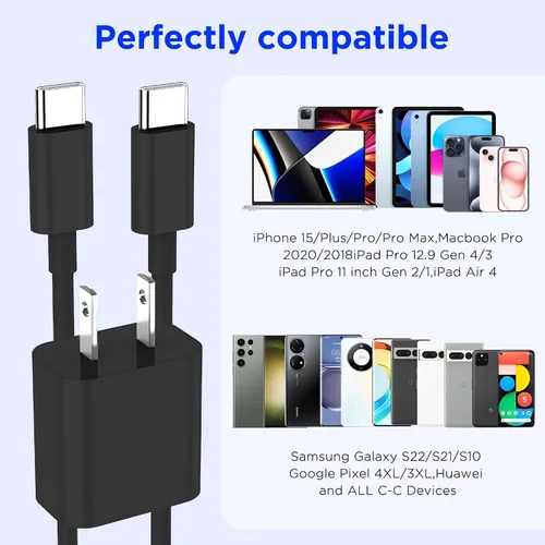 Vista 7 de Cargador de carga rápida para iPhone 17, 16, 15, paquete de 20 W, Apple iPad, USB C, bloque Chrager de pared con cable USB C a C de 6 pies para Negro
