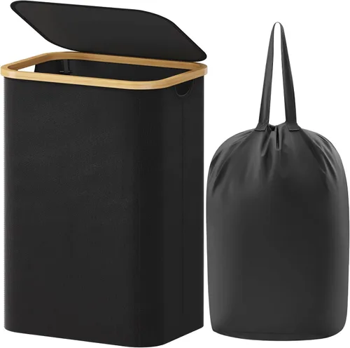 Vista 34 de Lifewit Cesta de lavandería de 80 litros con tapa, cestas de ropa para lavandería con asas de bambú y una bolsa de lavandería extraíble, cesta Beige
