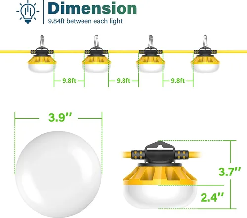 Vista 2 de Cadena de luces de construcción, iluminación temporal, cadena de trabajo de 50 pies con 5 luces LED integradas para el lugar de trabajo de 5000