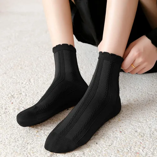 Vista 3 de Zrylibya 4 pares de calcetines tobilleros texturizados de ganchillo para mujer, color liso, básicos, casuales, talla 5-10