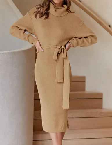 Vista 70 de ZESICA - Vestido por debajo de la rodilla de suéter, de cuello alto, para mujer, de manga larga, de punto acanalado, con abertura y cinturón