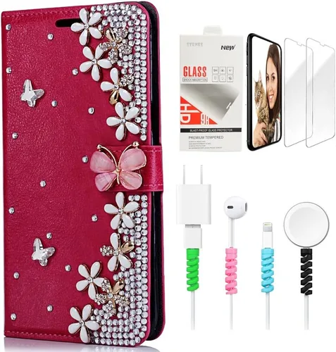 Vista 8 de Bling - Funda de piel con tapa para Samsung Galaxy S21 Ultra con diseño de corona en 3D hecha a mano con protector de pantalla y protector de cable