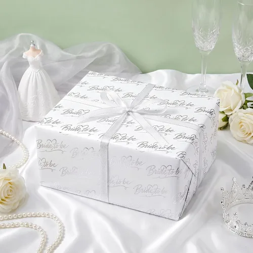 Vista 3 de RUSPEPA Rollo de Papel de Regalo de Boda, Mini Rollo, Elegante Diseño de Texto "Bride to Be" y Corazón, Papel de Regalo de Lámina Plateada