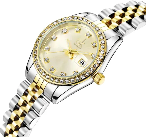 Vista 4 de SHENGKE Reloj elegante con cristales acentuados con correa de acero de aleación sólida para mujer