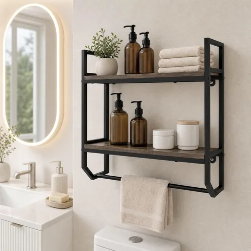 Vista 2 de LOKO 2-Tier Bathroom Towel Rack, Wall Mounted Hanging Shelf (Gray Oak)