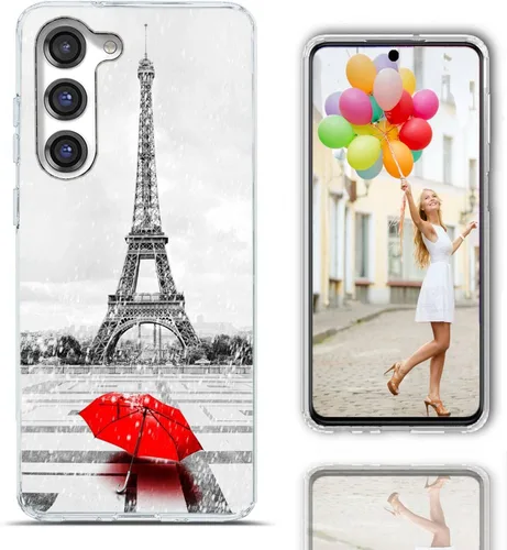 Vista 3 de Funda para Samsung Galaxy S23 Plus/S23+ - Funda protectora transparente de TPU suave a prueba de golpes con diseño de paraguas rojo de la torre Una