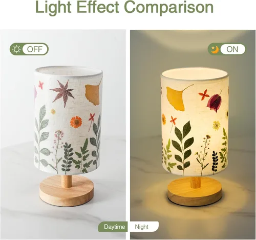 Vista 3 de Lámpara de mesa con flores prensadas, 5 W, LED, 3 temperaturas, flores secas, lámpara de noche, pantalla de lino con base de madera
